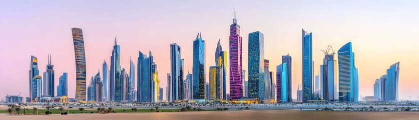 A panoramic view of a modern city skyline at dusk, showcasing tall skyscrapers and architecture.