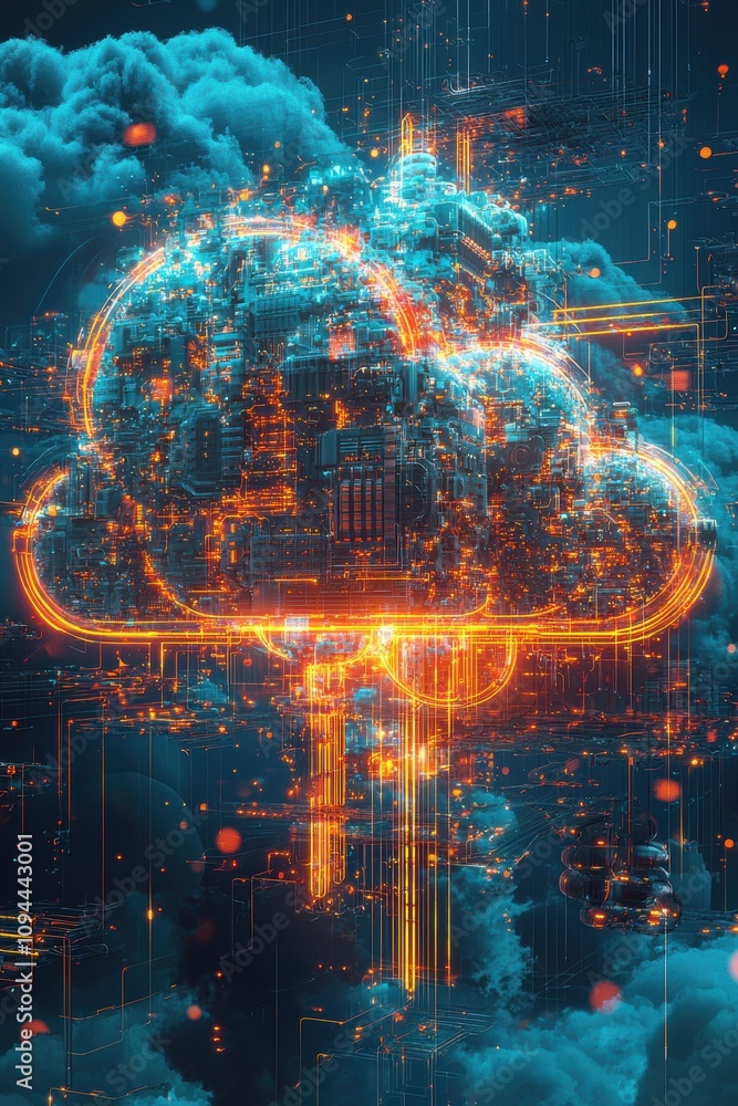Poster intricate digital cloud concept with glowing elements for modern secure storage design