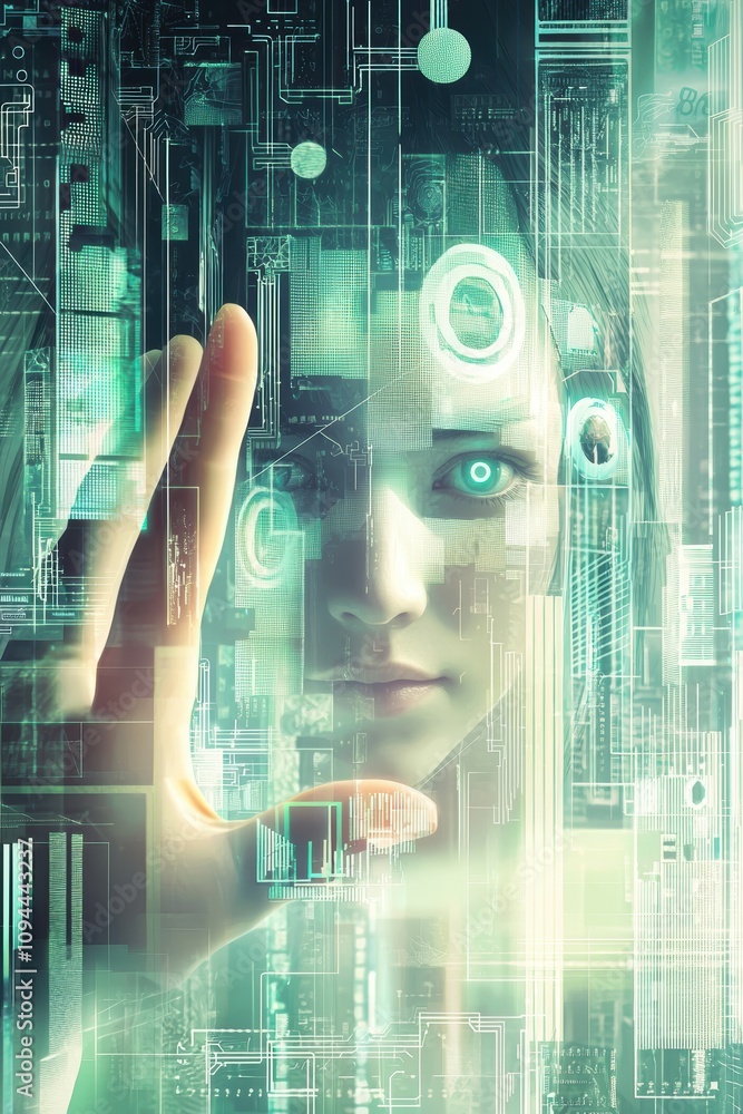 Poster futuristic biometric security concept with digital layers and personal data protection visualization
