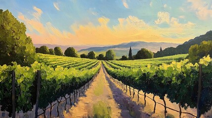 Fototapeta premium Golden Hour Vineyard Landscape Painting