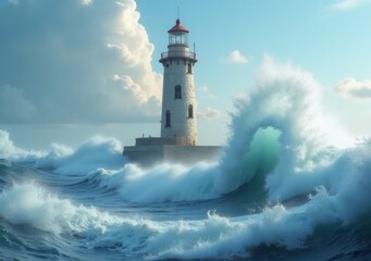 Waves crashing against a lighthouse under a cloudy sky with dramatic lighting