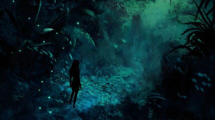 Woman Explores Bioluminescent Jungle at Night