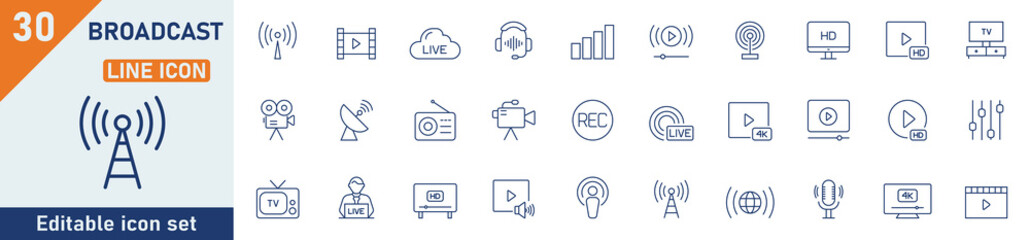 Broadcast line icon set. Set of 30 outline icons related to broadcast, media, production, live, television, news, journalism and others. Editable stroke. Vector illustration.