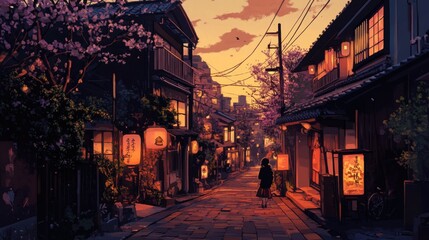 A serene evening in a traditional Japanese town, featuring a female figure among blossoming cherry trees.