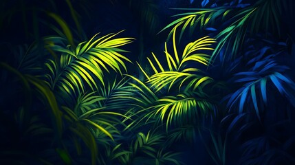 Luminous Tropical Palm Leaves on Dark Background