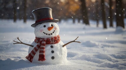 Snowman in a hat and scarf on a background of winter forest