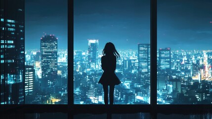 Fototapeta premium A silhouette of a young woman gazing at a dazzling city skyline at night.