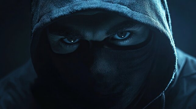 Mysterious male figure in a hood, suggesting stealth and intrigue with intense blue eyes. Dark shadows create a suspenseful atmosphere.
