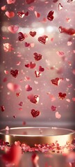 Obraz premium A dreamy glass podium with soft golden and pink light accents, surrounded by floating rose petals and heart-shaped confetti, offering an open space to display a Valentine is gift.