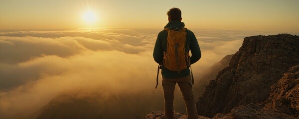 Man standing on a mountain top with a view of the sun