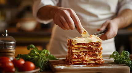 A chef layering a delicate lasagna in a cozy kitchen setting.