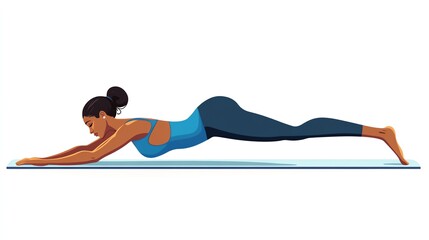 a 2D cartoon illustration of a woman doing pilates at home, flexible and fit, white background--ar 16:9