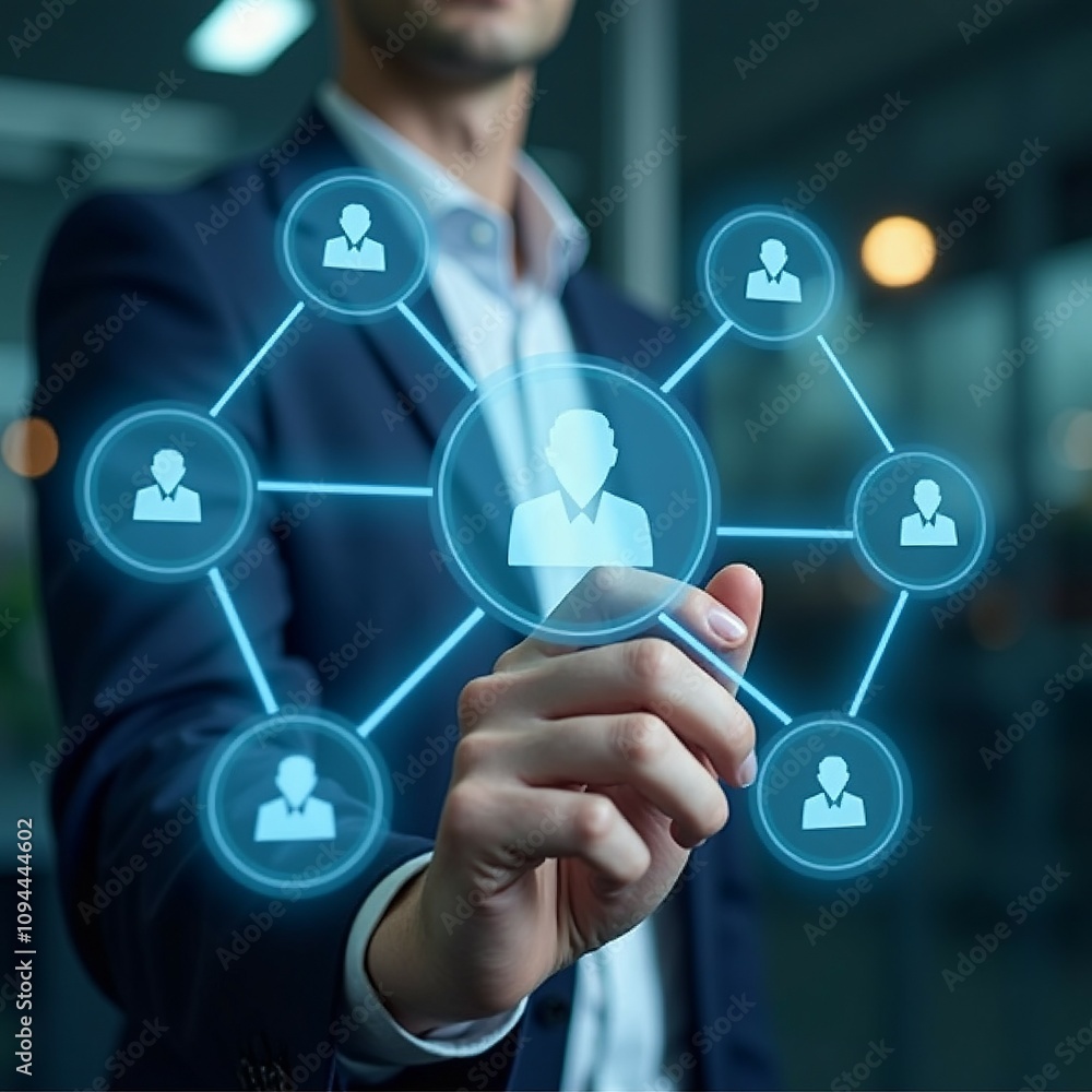 Poster Businessman Working on a Virtual Screen to Create an Organizational Chart for Human Resource Management and Career Development Pathways