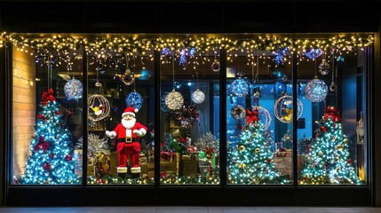 Fototapeta premium Festive Window Display with Santa Claus Surrounded by Glowing Christmas Lights, Colorful Ornaments, and Cheerful Decorations in a Cozy Urban Setting