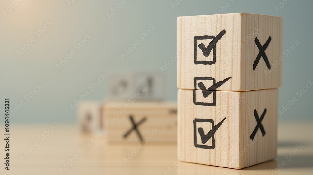 Poster Three Check Mark Icons Representing Completed Tasks on Wooden Stacked Blocks for Business Success and Goal Achievement in Task Lists and Assessments