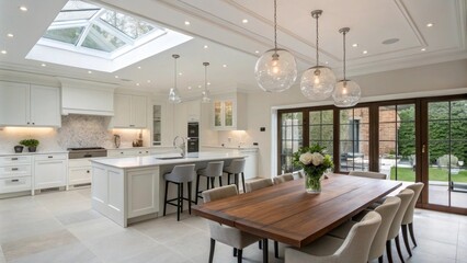 Modern kitchen with elegant dining area and skylight