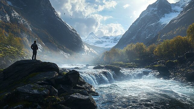 The Photographer Stands on a Bluff Along a Rushing River