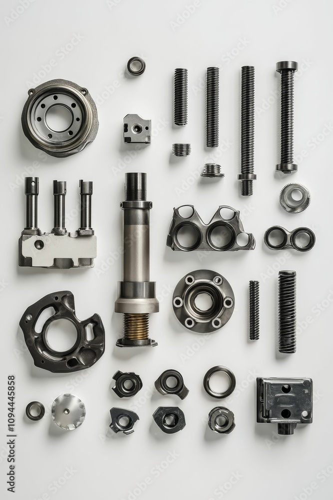 Poster assorted metallic machine parts arranged neatly.