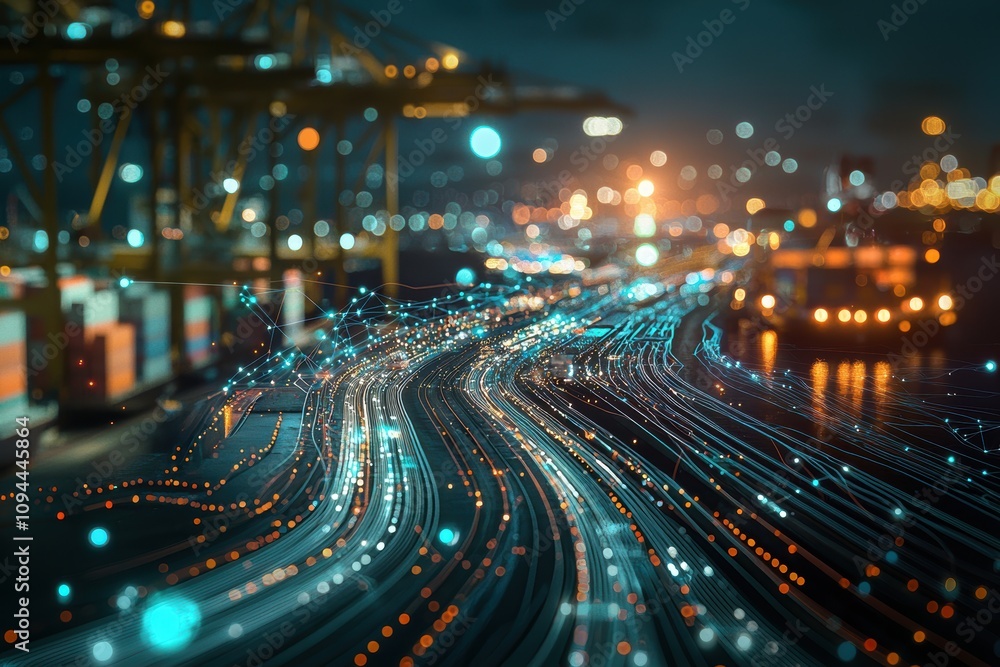 Poster creative visualization of global shipping data streams in modern logistics technology