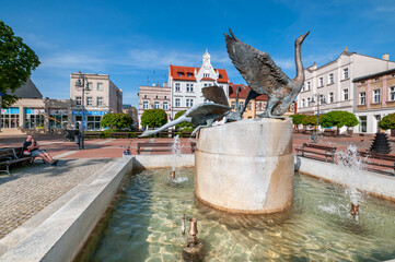 Freedom Square and the fountain in Tuchola, Kuyavian-Pomeranian Voivodeship, Poland	
