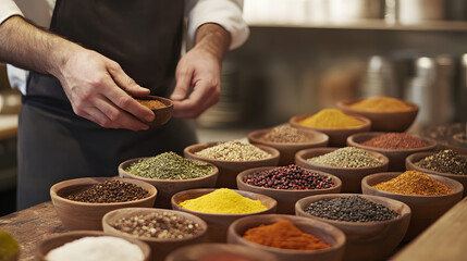 A chef showcasing colorful spices and herbs on a rustic wooden counter.