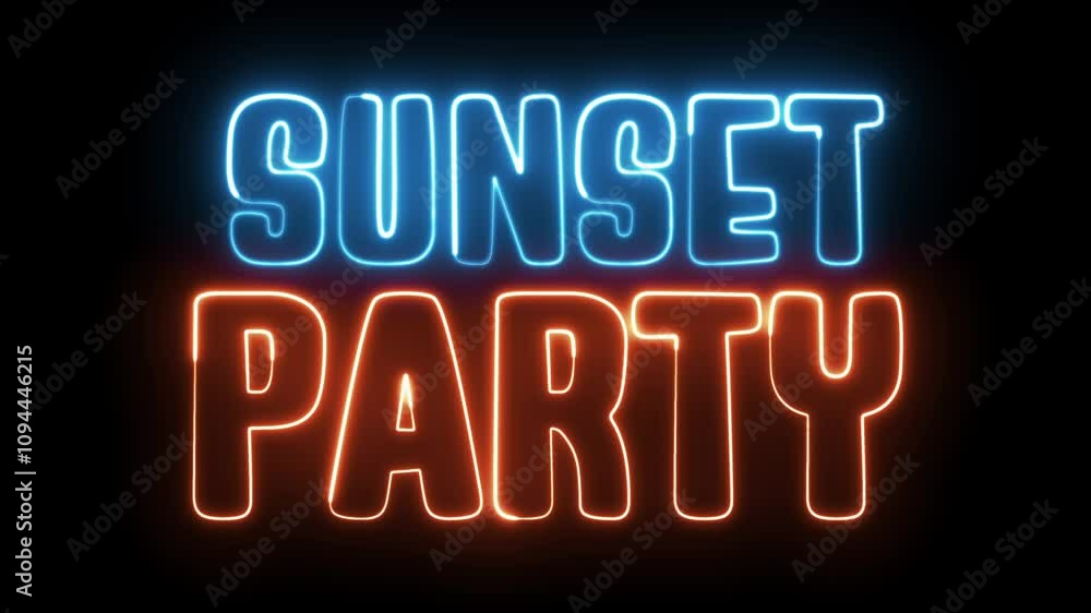 Poster sunset party neon sign. sunset party text font with neon light. luminous and shimmering haze inside 