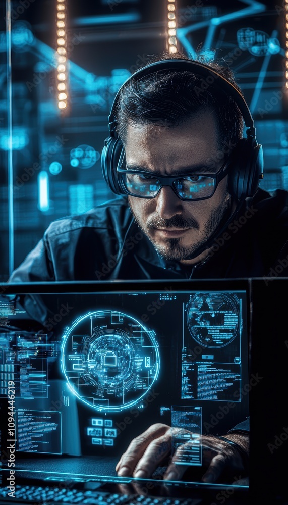 Poster cybersecurity specialist analyzing data with holographic interface in modern office