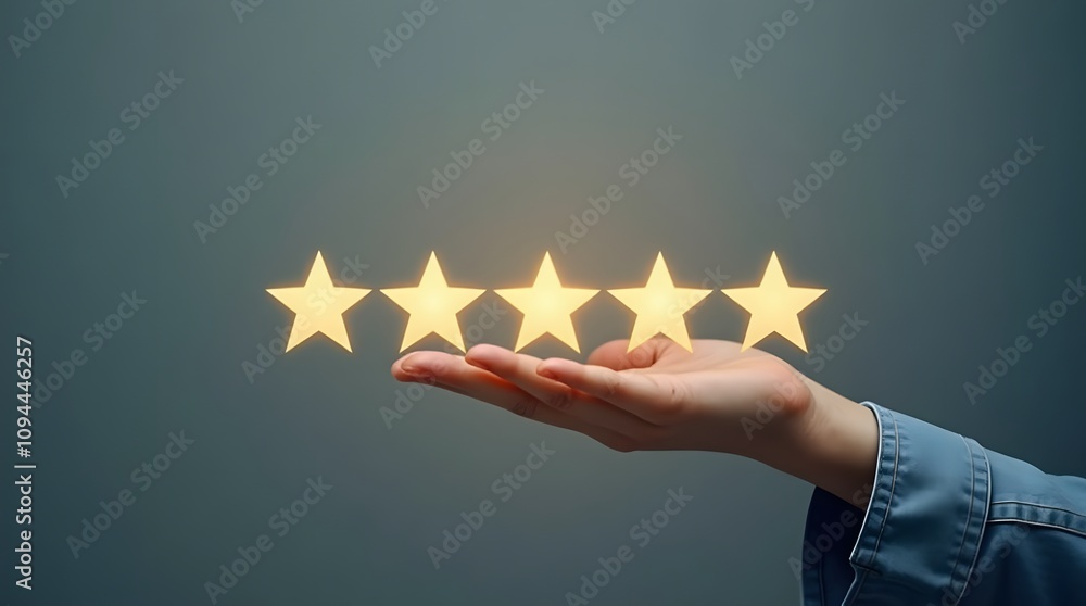 Poster customer feedback application interface offering a five-star rating system for full satisfaction eva