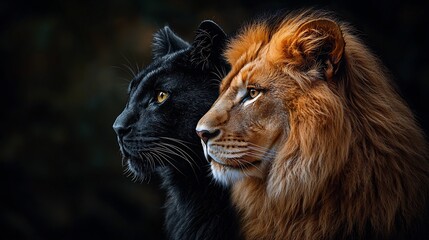 Split Portrait of Roaring Lion and Gentle House Cat Contrasting Wild and Tame Concepts