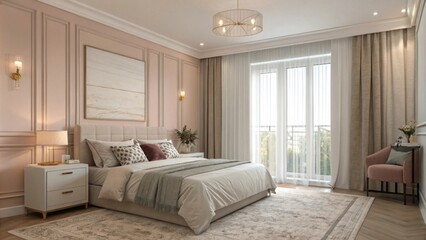 Elegant modern bedroom with soft pastel tones