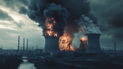 Dramatic view of a nuclear facility ablaze, with dark clouds and smoke rising ominously.