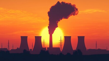 Industrial skyline with smoke rising at sunset, highlighting environmental challenges.