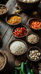 Close-up of Ecuadorian fanesca ingredients arranged on a wooden table for prep