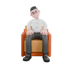 Movie Producer Cartoon. A male producer sits on a sofa with both hands on his knees and his head slightly tilted. Film Style