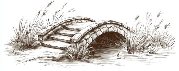 Obraz premium A stone bridge with steps over a small waterway, surrounded by grass and reeds.