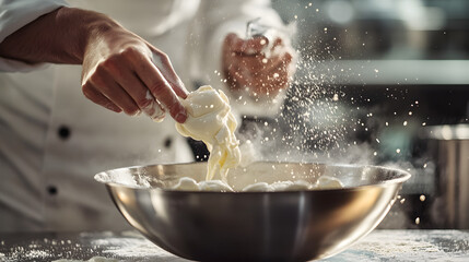 A chef whipping cream by hand in a stainless-steel bowl with finesse.