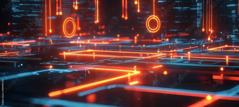 Poster digital illustration of secure network with glowing paths and protective barriers