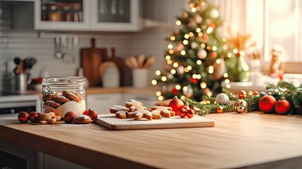 Cozy Kitchen Scene with Festive Decor, Freshly Baked Cookies, and Christmas Tree Illuminated by Soft Light, Evoking Warm Holiday Spirit and Cheerful Gatherings