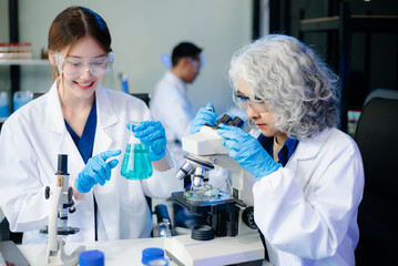 Fototapeta premium Scientists in lab coats collaborating with test tubes, flasks, and microscopes in a modern lab.