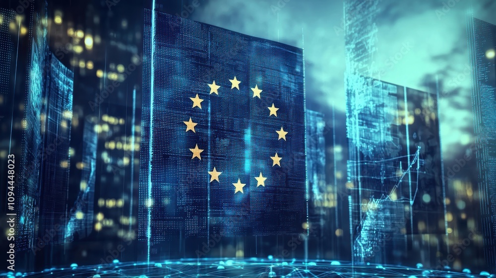 Poster gdpr compliance visualized as digital barriers protecting user data in a tech landscape