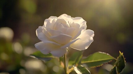 A close-up of a luminous white rose against a soft, blurred background.