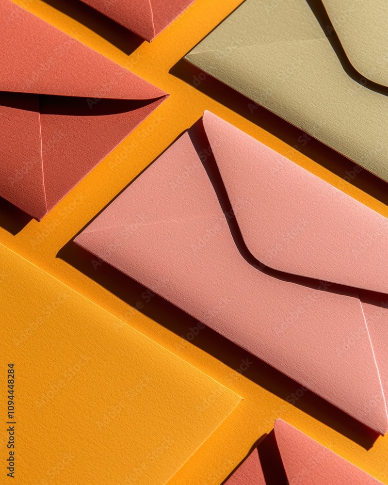 Poster a colorful arrangement of envelopes in various shades atop a vibrant background, creating a playful 