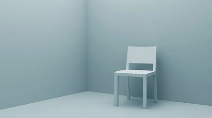 Minimalist Views of an Empty Room with a Single White Chair Against Soft Blue Walls and Floor in a Calm, Tranquil Atmosphere