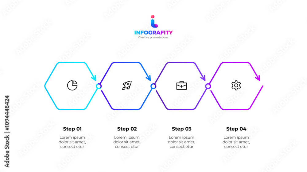 Fototapete Vector outline hexagons with 4 steps or options. Concept of horizontal timeline business development process.