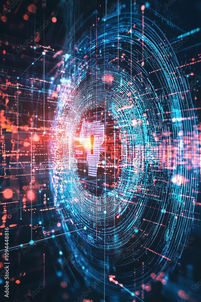 Poster digital fortress of identity protection with glowing security elements for cybersecurity visualizati