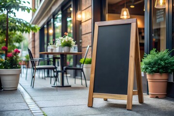 Blank black chalkboard menu sign in front of coffee shop.