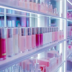 Colorful array of skincare products in various shades displayed on illuminated shelves.