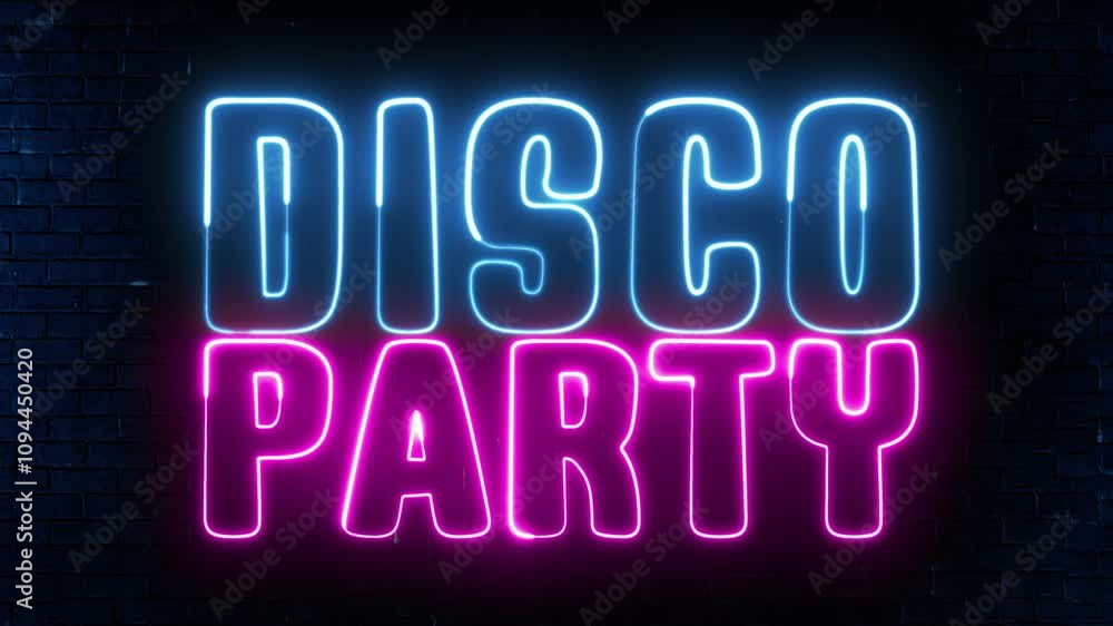 Poster disco party neon sign. disco party text font with neon light. luminous and shimmering haze inside th