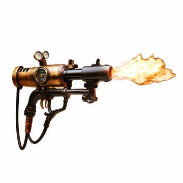 Steampunk flamethrower gun firing intensely.