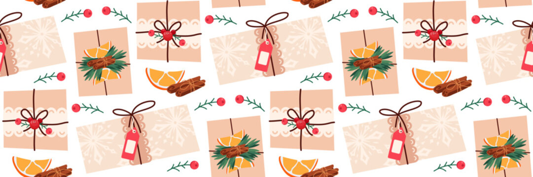 Christmas gifts in kraft paper Pattern. DIY rustic present boxes in craft wrappings with twine bows and branches. Decorated orange slices, berry and cinnamon. Winter festive background. Illustration.